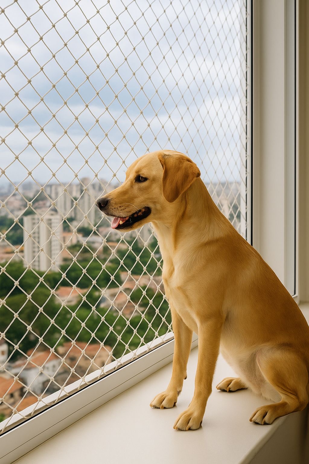 Cão com rede de proteção
